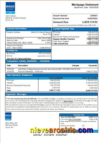 Fiji Bred bank bank mortgage statement